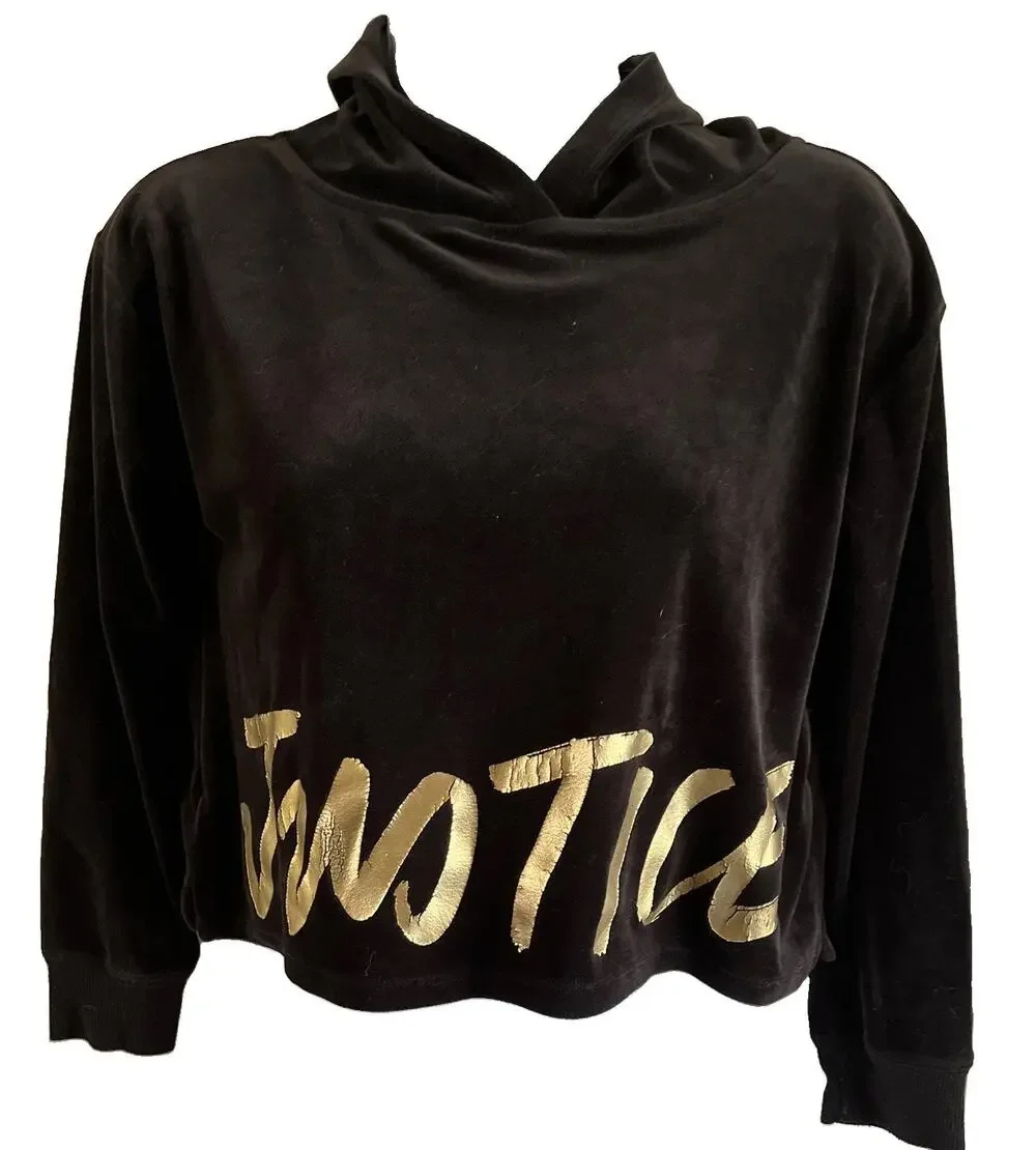Justice Girls Size 12 Velour Crop Hoodie Long Sleeve Pullover Black